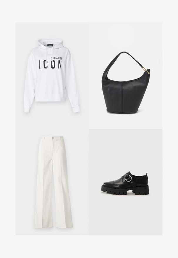 Bílá zkrácená mikina s kapucí vyrobená z kombinace bavlny, s velkým černým potiskem "ICON" a logem "DSQUARED2". Obsahuje nastavovací kapuci se šňůrkou.; Bílé volné kalhoty vyrobené z bavlny s hladkou texturou. Obsahují přední knoflík, zip a design se čtyřmi kapsami.; Černé kožené boty s robustní ribkovanou podešví, zdobené kruhovým stříbrným kovovým prvkem a minimálním švem.; Černá kožená kabelka zaobleného tvaru, s širokým popruhem a texturovaným povrchem. Obsahuje jemné švy a akcenty ve zlatém tónu.