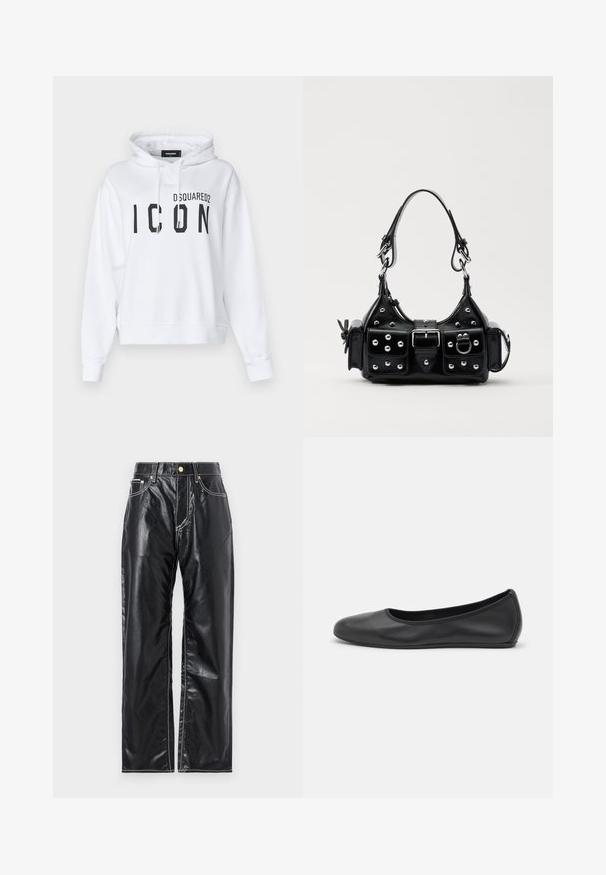 Felpa corta bianca in misto cotone, con una grande stampa nera "ICON" e il logo "DSQUARED2". Include un cappuccio regolabile con cordino.; Pantaloni neri in finta pelle con taglio wide-leg, dotati di cuciture bianche, tasche anteriori e un bottone dorato in vita.; Pantofole da balletto nere in pelle con punta arrotondata, texture liscia, dettagli di cucitura minimi e design con suola flessibile.; Borsa a mano in pelle nera con design curvo, caratterizzata da borchie argentate, una fibbia e due tasche laterali. Tracolla regolabile per diverse opzioni di trasporto.