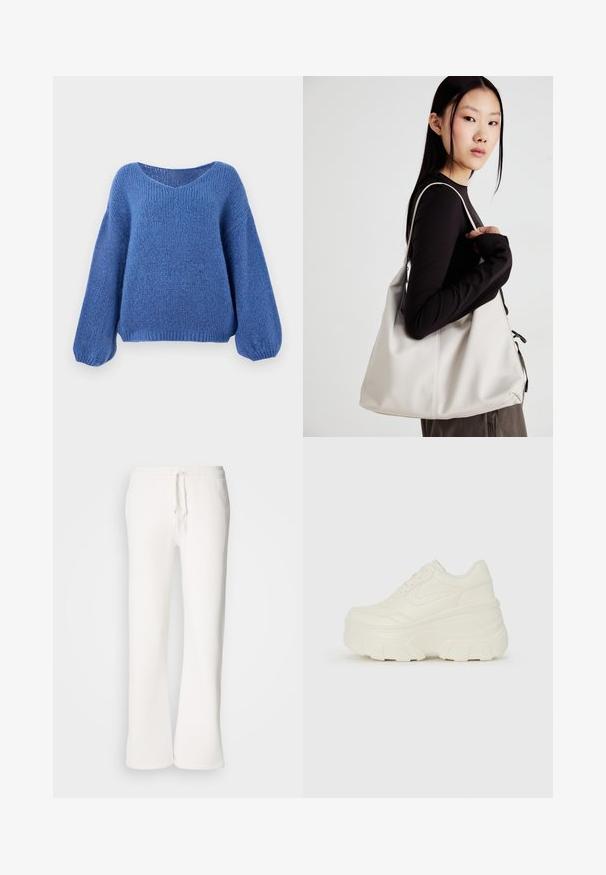 Suéter azul tricotado com decote em V, mangas longas em balão e um padrão texturizado. Tecido suave com um corte relaxado, apresentando punhos canelados.; Conjunto de duas blusas de manga longa em branco e preto. Textura canelada, decote redondo, design ajustado com mangas ligeiramente evasê.; Calças de fato brancas, de corte descontraído, feitas de um tecido macio, com um cós elástico e um cordão de ajuste, apresentando um design de pernas retas.; Tênis brancos de plataforma com um cabedal suave semelhante a couro, formato arredondado, colarinho acolchoado e sola de borracha texturizada com ranhuras bem definidas.; Uma bolsa bege feita de material macio, com um design descontraído, detalhes de costura e duas alças para o ombro. Adequada para uso diário.