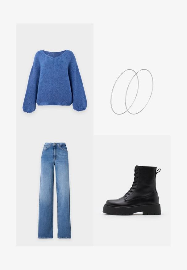 Blauer, gestrickter Pullover mit V-Ausschnitt, langen Ballonärmeln und strukturiertem Muster. Weicher Stoff mit lockerem Schnitt und gerippten Bündchen.; Helleblaue, weit geschnittene Jeans aus Denim mit hoher Taille, Vorderaschen und einem normalen Knopfverschluss. Glatte Textur.; Schwarze Lederstiefeletten mit runder Zehenpartie, Schnürung vorne und einer dicken Gummisohle mit strukturiertem Profil. Mit Zugschlaufe an der Rückseite.; Silberne Creolen mit minimalistischem Design. Rundform, glatte Oberfläche und dünnes Profil. Leichtgewichtig mit hochglänzender Oberfläche.