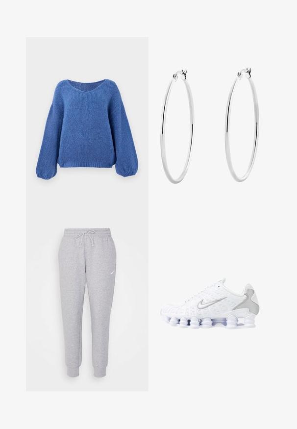 Sininen neulepusero, jossa on V-pääntie, pitkät puffihihat ja tekstuuri. Pehmeä kangas rentoa mittaa varten, jossa on joustavat hihansuut.; Vaaleanharmaat collegehousut, joissa on nyörikiinnitys vyötäröllä, kapenevat lahkeet ja pieni valkoinen logo vasemmassa reidessä. Valmistettu pehmeästä, teksturoidusta kankaasta.; Valkoiset urheilukengät, joissa on verkkokangaspäällinen, hopeiset yksityiskohdat ja ainutlaatuinen kierreellinen pohjamuotoilu. Varustettu pehmustetulla nilkkakohdalla ja nauhakiristyksellä mukautuvaa istuvuutta varten.; Hopehope hopehope hopehope hopehope hopehope, joka on sileä ja kiillotettu pinta ja ohut, pyöreä muoto. Muotoilu sisältää turvallisen lukituksen.