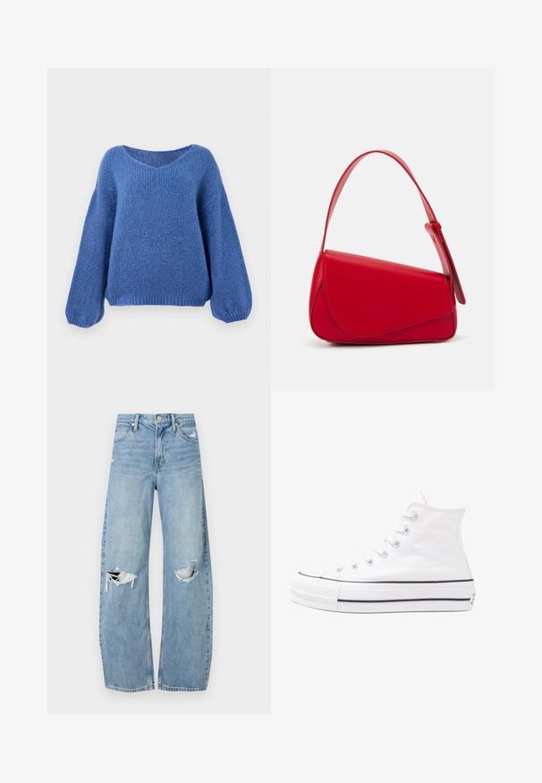 Blue knitted sweater with a v-neck, long balloon sleeves, and a textured pattern. Soft fabric with a relaxed fit, featuring ribbed cuffs.; Light blue, high-waisted jeans made of denim. Feature wide legs, two torn knee areas, and classic five-pocket styling.; White high-top canvas sneaker with black rubber sole, front rubber toe cap, and six eyelets for laces, featuring a clean, minimalist design.; Red leather handbag with an angular, geometric design. Features a single adjustable strap and a flap closure with stitched detailing.
