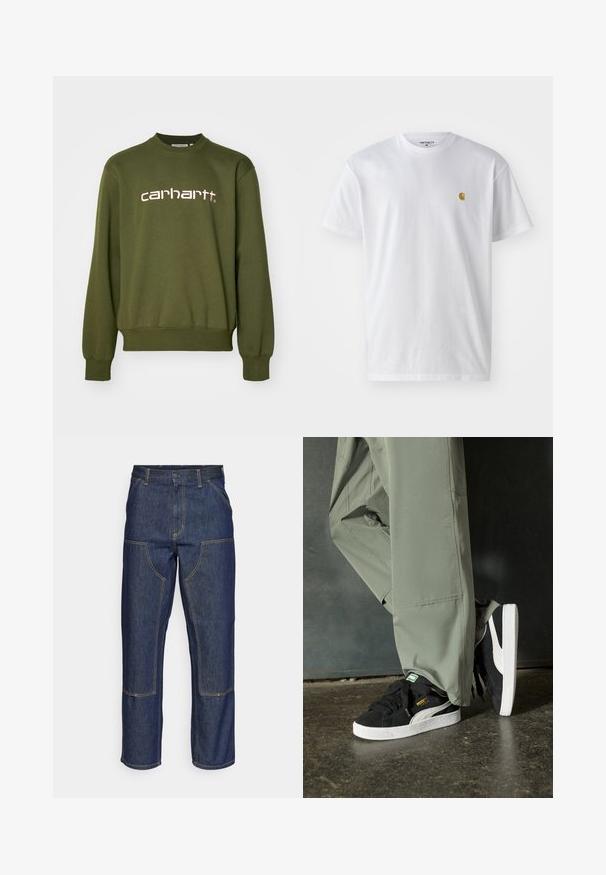 Olijfgroene sweatshirt van een katoenmengsel, met een ronde hals, lange mouwen, geribde manchetten en een geborduurd "carhartt" logo in het roze.; Witte katoenen t-shirt met korte mouwen en ronde hals, voorzien van een klein gouden logo op de linkerkant van de borst. Zachte textuur en een normale pasvorm.; Donkerblauwe denim jeans met een hoge taille, rechte pijpen, contrasterende stiksels en opgestikte zakken aan de voorkant.; Zwarte suède sneakers met witte rubberen zolen en zijstrepen, gecombineerd met lichtgroene cargobroeken, staande op een gestructureerd donker oppervlak.