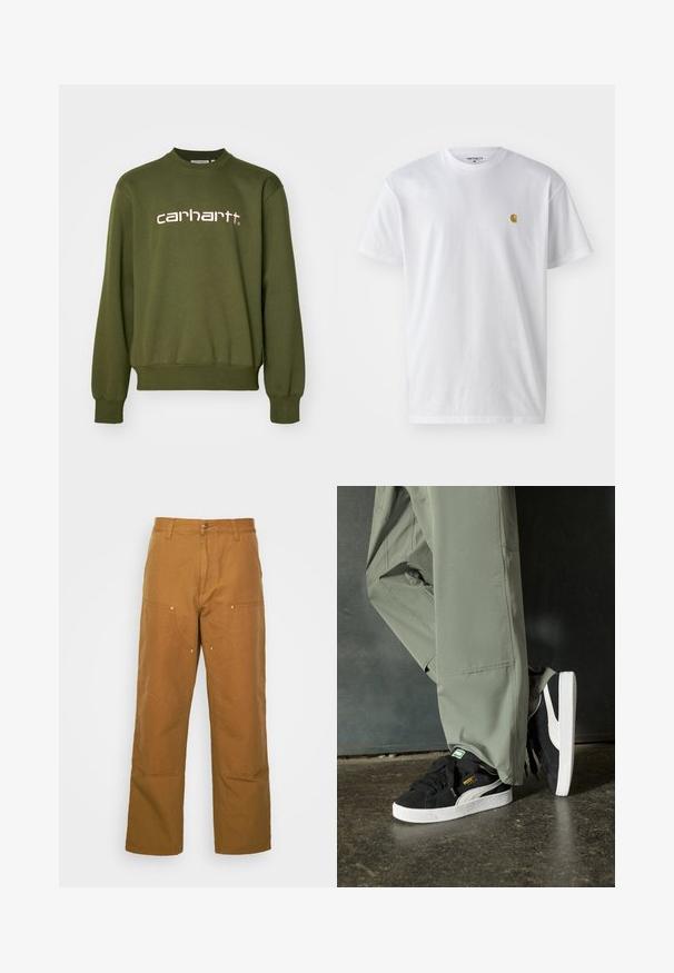 Olivengrønn hettegenser laget av bomullsblanding, med rund hals, lange ermer, ribbestrikkede mansjetter og brodert "carhartt"-logo i rosa.; Hvit bomull t-skjorte med korte ermer, rund hals, med en liten gulllogo på venstre brystområde. Myk tekstur og vanlig passform.; Brune bomull arbeidsbukser med rett ben-design, med frontlommer og metall detaljer for ekstra holdbarhet.; Sorte semskede sneakers med hvite gummisåler og sidestiper, sammen med lysegrønne cargo-bukser, står på en teksturert mørk overflate.