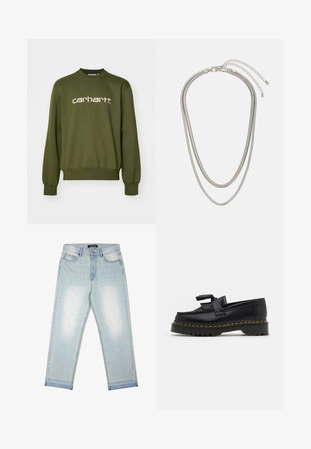 Sweatshirt verde oliva in misto cotone, con colletto a girocollo, maniche lunghe, polsini a coste e logo "carhartt" ricamato in rosa.; Pegador BARROW - Jeans loose fit - sand washed blue; Mocassino in pelle nera con un'accento a frange, dotato di una suola nera spessa e cuciture gialle lungo il bordo. Finitura testurizzata.; Collana in metallo argentato a tre strati caratterizzata da catene sottili e flessibili con una leggera lucentezza, fissata con un gancio a molla e una catena regolabile.