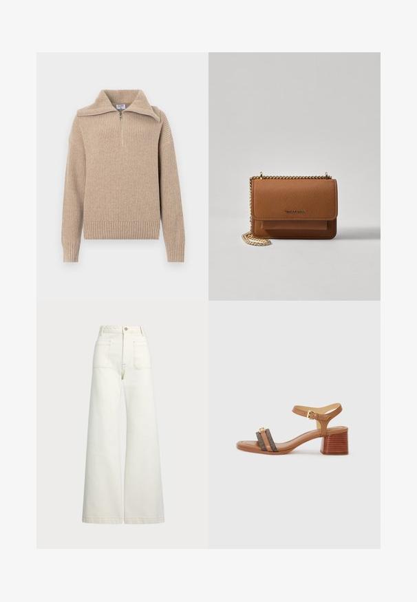 Beige strikket genser med halv glidelås, ribbet tekstur og lange ermer. Har en kortet passform og et mykt, varmt stoff.; Vidde bukser i off-white denim. Høyt liv-design med knappelukking, to frontlommer og kontrastsøm detaljer.; Tan hæl sandal med firkantet tå, to mørkebrune remmer og en guldbuckle. Har en stablet blokhælhæl og glat lædertekstur.; Brun teksturert lær crossover-veske med gullkjede-stropp og klaffelukking. Fronten har logo-detalj og en lomme under klaffen.