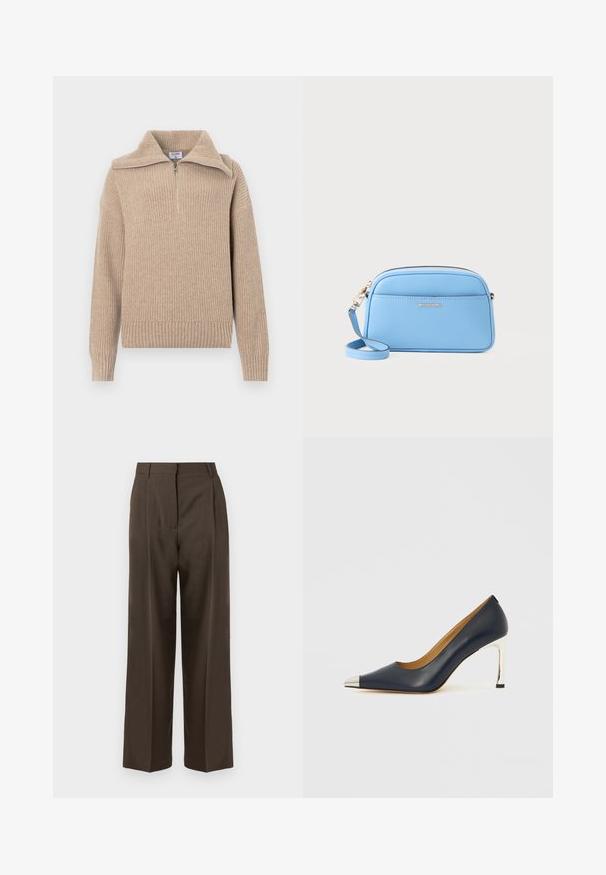 Beež kootud sviiter pooltõmblusega kaelusega, ribakujunduse ja pikkade varrukatega. Omab lühikest lõike ja pehmet, sooja kangast.; Pruunid laiad püksid sujuva tekstuuriga, kõrge vöökohaga, eesmine voltide ja kohandatud disainiga. Pole nähtavaid taskuid ega kaunistusi.; Tumesinise nahast kõrgete kontsadega king, millel on terav nina, hõbedase metallist otsikuga ja läikiva hõbedase tikkkontsaga.; Hele sinine nahast ristiõlakott kuldse viimistlusega, tõmblukk, ja eesmine tasku. Omab reguleeritavat rihma mugavuse tagamiseks.