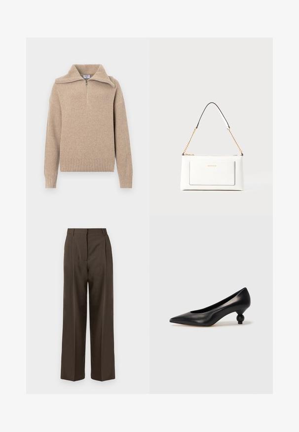 Beige gestrickter Pullover mit einem halbseitigen Reißverschlusskragen, gerippter Textur und langen Ärmeln. Hat eine verkürzte Passform und einen weichen, warmen Stoff.; Braune weite Hosen mit einer glatten Textur, featuring einen hohen Bund, vorne Falten und einem taillierten Design. Keine sichtbaren Taschen oder Verzierungen.; Schwarze Leder-Pumps mit spitzem Zehenbereich und runder, ballförmiger Ferse. Glatte Textur mit einem eleganten, minimalistischen Design.; Weißes Lederhandtasche mit strukturierter Oberfläche, ausgestattet mit einem goldenen Kettenriemen und schwarzen Akzenten. Enthält eine Fronttasche und einen Reißverschluss.