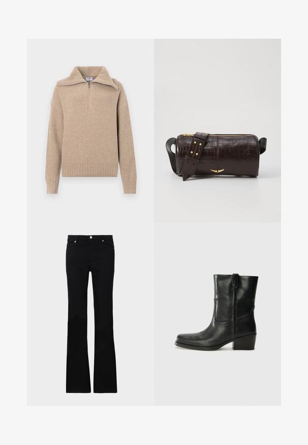 Beige knitted sweater with a half-zip collar, ribbed texture, and long sleeves. Features a cropped fit and a soft, warm fabric.; Black flared jeans made of denim, featuring two front pockets, a button closure, and a smooth texture. Signature stitching visible at seams.; Black leather ankle boot with a rounded toe, block heel, side zipper, and stitching accents on the vamp. Smooth texture, classic design.; Brown crocodile-embossed leather bag with a cylindrical shape, gold-tone hardware, and a detachable strap featuring studs.