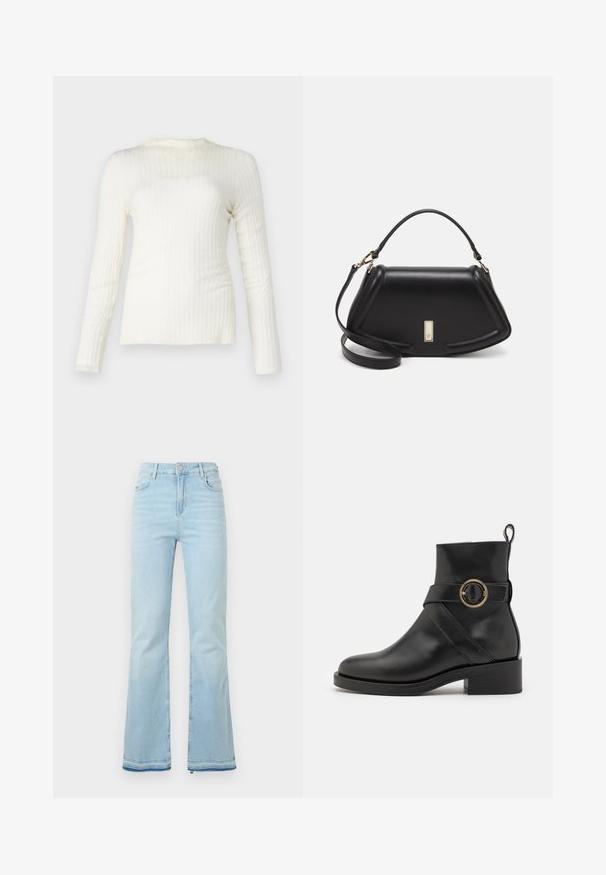 Haut à manches longues blanc en rib, texture légère, encolure ronde, coupe ajustée, élasticité subtile, lignes épurées et finition lisse.; Jean flare bleu clair en denim, avec une taille haute, des poches avant et un ourlet brut au niveau des poignets pour un look décontracté.; BOSS IRYNA BOOTIE - Bottines à plateau - black; Sac à main en cuir noir avec un design structuré, featuring une forme cropped, une poignée supérieure et des accents en matériel doré. Bandoulière réglable incluse.