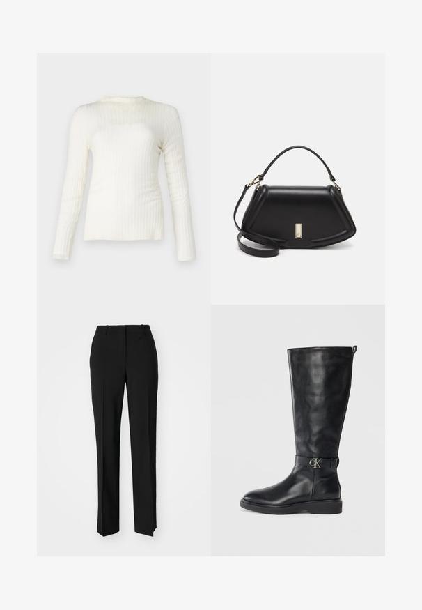 Witte lange mouwen geribbelde top, lichte textuur, ronde halslijn, aansluitende pasvorm, subtiele stretch, strakke lijnen en een gladde afwerking.; Zwarte op maat gemaakte broek met een recht model, voorzien van een soepele textuur en scherpe plooien aan de voorkant. Geen zichtbare hardware.; Zwarte leren kniehoog laars met lage hak, ronde neus en een metalen "CK" logo gesp rond de enkel.; Zwarte leren handtas met een gestructureerd ontwerp, featuring een verkorte vorm, bovenhandvat en gouden hardwareaccent. Inclusief verstelbare schouderband.