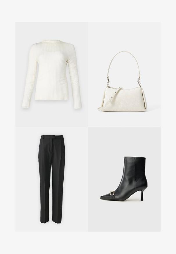 Haut à manches longues blanc en rib, texture légère, encolure ronde, coupe ajustée, élasticité subtile, lignes épurées et finition lisse.; Pantalons noirs ajustés en tissu léger, avec une coupe droite, un devant plat et des passants de ceinture. Texture lisse sans motifs visibles.; Bottine en cuir noir avec un bout pointu, un talon moyen fin et un détail de boucle en argent sur le côté, se détachant sur un fond uni.; Sac à main blanc avec une texture lisse, une silhouette incurvée et une bandoulière réglable. Présente un motif de logo subtil et des accents en métal argenté.