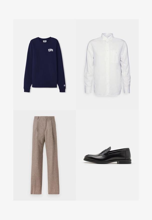Námořnická modrá mikina s kulatým výstřihem vyrobená z bavlny s malým bílým logem na hrudi a nášivkou loga na manžetě. Klasický střih, žebrovaný lem.; Dlouhý rukáv bílá košile vyrobená z bavlny, s límcem na knoflíky, přední kapsou a běžným střihem. Texturovaná tkanina s hladkým povrchem.; Hnědé kalhoty s vysokým pasem vyrobené z texturované látky. Mají široké nohavice a dva přední sklady pro strukturu. Úhledné provedení bez viditelné kovových částí.; Černé kožené polobotky s hladkou texturou, zaoblenou špičkou a zdobným páskem přes nárt. Nízký stohovaný podpatek, minimalistický design.