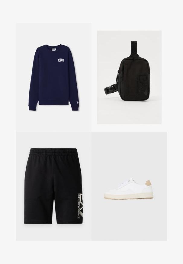 Mørkeblå crewneck genser laget av bomull med en liten hvit logo på brystet og et logomerke på mansjetten. Klassisk passform, ribbestrikket kant.; EA7 Emporio Armani TRAIN VISIBILITY - Shorts - black/cream; Hvite lave sneakers med overdel i teksturert skinn, kremfarget såle med ribber og en brunt fargeklatt på hælen. Har hvite lisser og logodetalj på hælen.; Svart stoff skulderveske med rektangulær form, med glidelås, justerbar stropp og præget logo-detalj på forsiden.