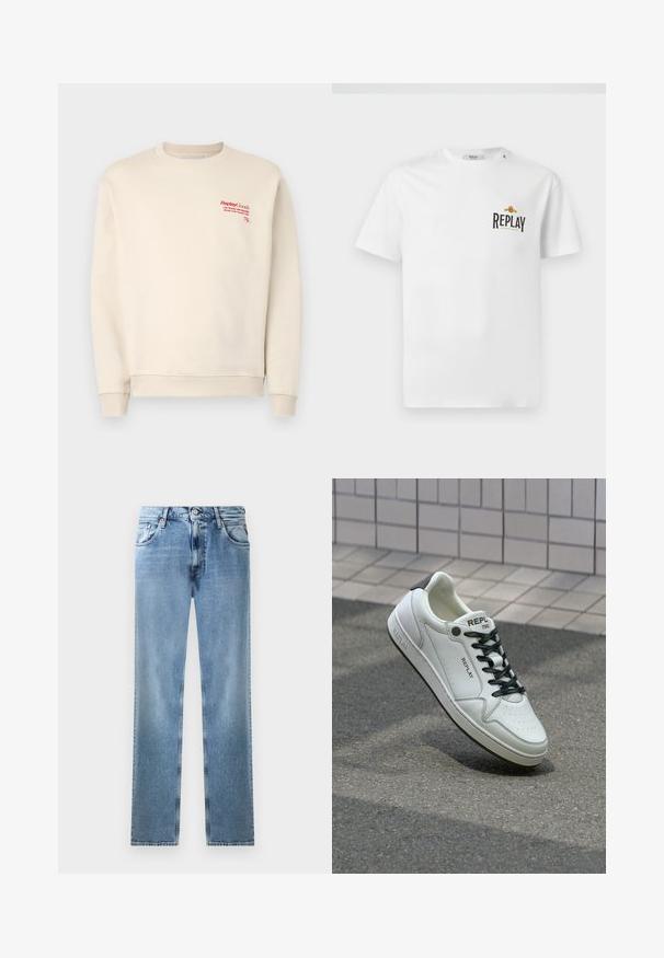 Felpa crema realizzata in morbido tessuto, con polsini e orlo ribattuti. Testo del logo rosso sul lato superiore sinistro, con una trama generale liscia.; T-shirt di cotone bianco a maniche corte, con logo "REPLAY GRAND HOTEL" in nero e oro sul lato sinistro del petto. Design semplice, vestibilità regolare.; Jeans in denim azzurro chiaro a gamba dritta con tasche, rivetti in rame e chiusura a bottone. Presentano un design sbiadito e un orlo pulito.; Sneaker in pelle bianca con punta perforata, lacci neri e accentuazione sul tallone. Presenta il marchio "REPLAY" e una suola in gomma solida.