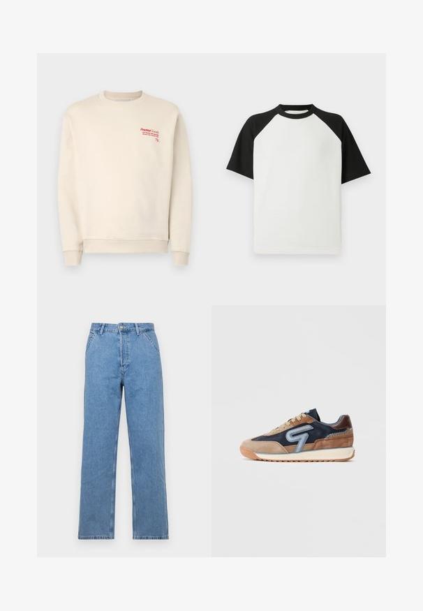 Krējuma krāsas džemperis ar mīkstu audumu, ar ribotu manžetu un apakšmalu. Sarkans logo teksts augšējā kreisajā pusē, kopumā patīkama, gluda tekstūra.; Melnā un baltā īsām piedurknēm T-kreklā ar ribotu tekstūru; tam ir raglanu piedurknes un apaļa kakla izgriezums.; Gaiši zili džinsi ar taisno piegriezumu un klasisko piecu kabatu dizainu, ar priekšējo pogu aizdari un jostu cilpiņām. Gluda tekstūra.; Apavi ir izgatavoti no brūna zamša un tumši zilas auduma, ar gaiši ziliem akcentiem. Šņorēšanas dizains, gumijas zole un noapaļota purngala forma.
