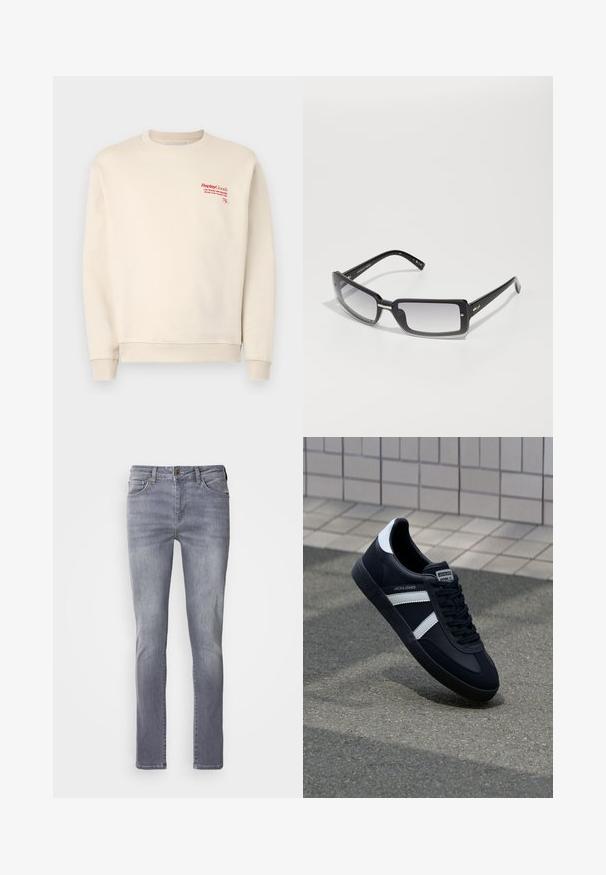 Krém színű pulóver, puha anyagból készült, bordás mandzsettákkal és aljjal. Piros logó szöveg a bal felső oldalon, általánosságban sima tapintású.; Világosszürke farmernadrág egyenes szabással, öt zsebbel, réz gombbal záródik, és enyhe elhalványulással a lábakon.; Fekete bőr sportcipő fehér csíkokkal, textúrált gumitalppal és fűzős elejével. A nyelvén márkás címke található.; Fekete, téglalap alakú napszemüveg, átmeneti lencsékkel, vastag kerettel és fém díszítésekkel a szárakon. Az egész felülete sima.