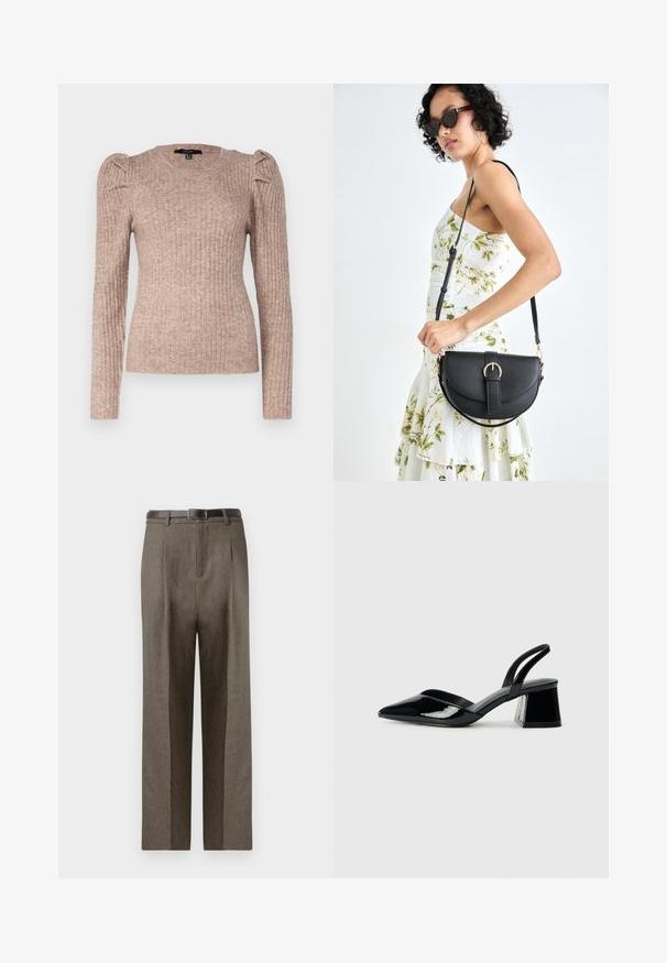 Vero Moda VMKIM UNECK - Strickpullover - beige; Braune maßgeschneiderte Hosen mit geradem Schnitt, die eine glatte Textur, Gürtelschlaufen und ein flaches Vorderdesign aufweisen.; Schwarze Lackleder-Slingback-High Heels mit spitzem Schuh und einem geometrischen Blockabsatz. Verfügt über ein schlankes, minimalistisches Design und eine glatte Textur.; Schwarze Lederhandtasche mit geschwungener Form, abnehmbarem Tragegurt und goldenen Beschlägen. Die Tasche verfügt über einen Deckel mit einer Schnallen-Details.