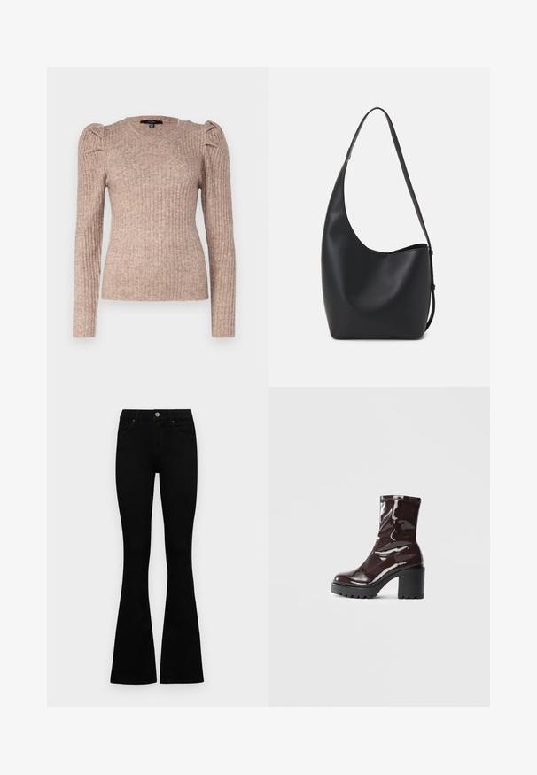 Vero Moda VMKIM UNECK - Jumper - beige; Black high-waist jeans with a button and zip closure, front pockets, and flared legs laid flat on a white background.; Glossy burgundy ankle boot with a chunky black heel, featuring a smooth texture and simple design. No visible fastenings or patterns.; Black leather hobo bag with a smooth texture, curved shape, and single adjustable strap; features a wide opening at the top.