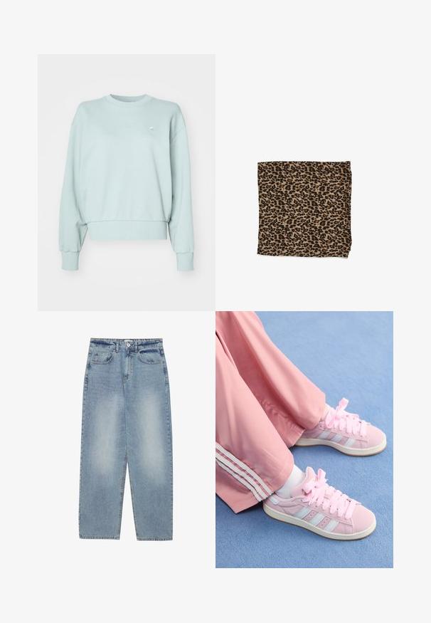 Licht mintgroen sweatshirt van zachte katoenen mix, voorzien van een geribde ronde hals, verlaagde schouders en geribde manchetten. Kleine logoafbeelding op de borst.; Lichtblauwe denim jeans met een losse pasvorm, rechte pijpen, vijf zakken en een knoopsluiting bij de taille. Soepele textuur.; Roze sportieve schoenen met lichtblauwe strepen, ronde neuzen en dikke roze veters, gecombineerd met roze trainingsbroeken met witte zijstrepen.; Luipaardprintstof in beige met zwarte vlekken, gladde textuur, rechthoekige vorm en geplooid met afgewerkte randen.