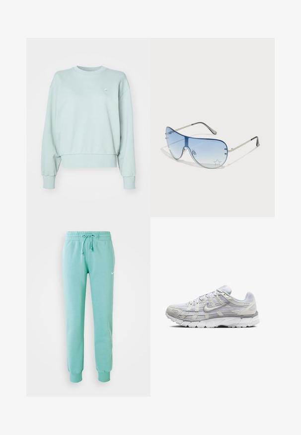 Sweatshirt vert menthe clair en mélange de coton doux, avec un col rond côtelé, des épaules tombantes et des poignets côtelés. Petit détail de logo sur la poitrine.; Pantalon de sport vert menthe avec une taille élastique, un cordon de serrage et des poignets côtelés. Présente un petit logo Nike blanc sur la cuisse gauche.; Baskets de sport gris clair avec une tige en mesh et synthétique, dotées d'un système de laçage, d'un col rembourré et d'une semelle texturée pour une meilleure adhérence.; Lunettes de soleil aviateur avec des verres dégradés bleus, une monture en métal argenté et des accents décoratifs en forme d'étoile sur les verres. Design lisse et élégant.