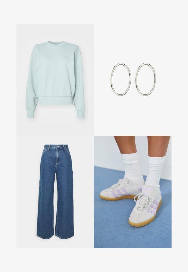 Heled minta roheline dressipluus pehmest puuvillasegist, millel on soonikuga ümar kaelus, langetatud õlad ja soonikud mansetid. Rinnal väike logo detail.; Laiene jalad sinised denim püksid kõrge vöökohaga, kontrastsete õmblustega ja küljetaskutega, klassikalise viie taskuga disainiga ja toore servaga.; Heledad hall-sneakerid heledast hallist suedes, millel on kolm lilla triipu, kummist põhi, tasased nöörid ja valged ribaga sokid. Taustaks on sinine taust.; Hõbedased rõngaskõrvarõngad, millel on sile ja poleeritud viimistlus. Ümmargune kuju, kerge disain, millel on turvaline sulgemismehhanism.
