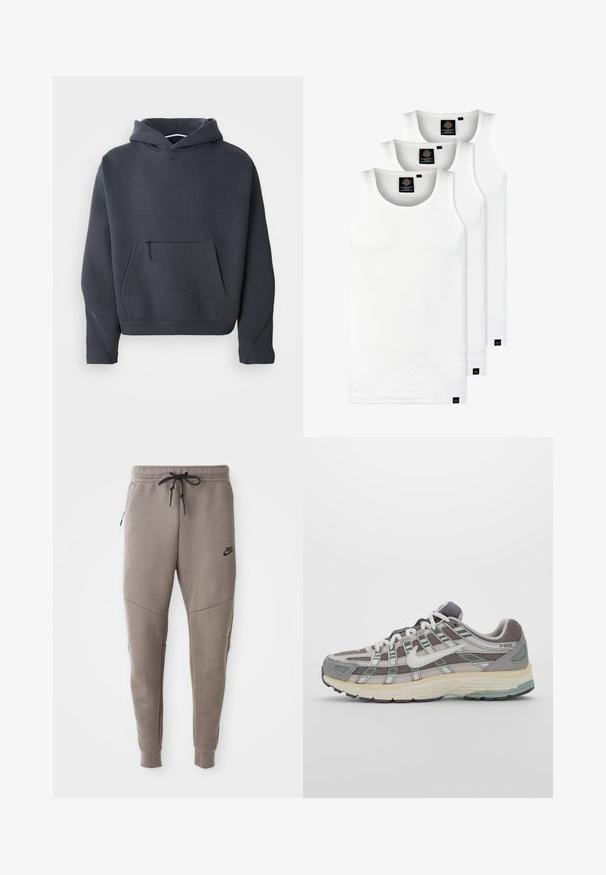 Tamsiai pilkas džemperis su kapucho, pagamintas iš minkštos medžiagos, turintis priekinį kišenę su užtrauktuku, raibu rankogalius ir mažą logotipą krūtinėje.; Trys balti, dryžuoti marškiniai be rankovių, pagaminti iš medvilnės. Yra apvalus kaklas ir maži juodi etiketės netoli siūlės. Siūlomi įvairių dydžių.; Pilkos Nike kelnės su raišteliu liemenyje, siaurėjančiomis kojomis, šoninėmis kišenėmis ir išskirtiniais siūlų detalėmis. Minkšta, tekstūruota medžiaga.; Pilkas sportinis batas su tinklu ir zomšos viršutine dalimi, baltomis detalėmis, paminkštintu padu ir išskirtiniu dizainu su atspindinčiais elementais.