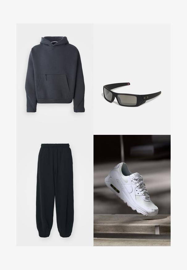Sweatshirt com capuz cinza escuro em tecido suave, apresentando um bolso frontal com fecho, punhos canelados e um pequeno logótipo no peito.; Calças de fato de treino pretas, com cintura elástica e um corte solto, com punhos nas pernas, textura suave e sem padrões visíveis ou detalhes de metal.; Sapatilha Nike Air Max 90 branca com parte superior em malha e couro, caixa de dedos perfurada e uma unidade de ar visível no calcanhar.; Óculos de sol pretos com acabamento mate, lentes retangulares, leve curvatura nas hastes, detalhe sutil do logo e lentes de cor fumada.