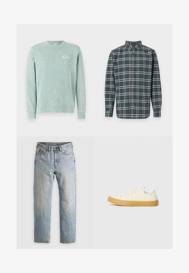 Sudadera de color verde claro hecha de una tela suave, con cuello redondo, mangas largas, puños acanalados y un pequeño logo blanco en el pecho.; Camisa de franela verde con un patrón a cuadros que presenta líneas en azul, blanco y amarillo mostaza. Con botones en el frente y cuello puntiagudo. Mangas largas.; Jeans de mezclilla azul claro de cintura alta, con botón frontal, cremallera y diseño de cinco bolsillos, dispuestos sobre un fondo neutro.; Zapatillas de lona en color blanco roto con punta redonda, que cuentan con suelas de goma beige y cinco ojetes para los cordones, acabado texturizado en la parte superior.