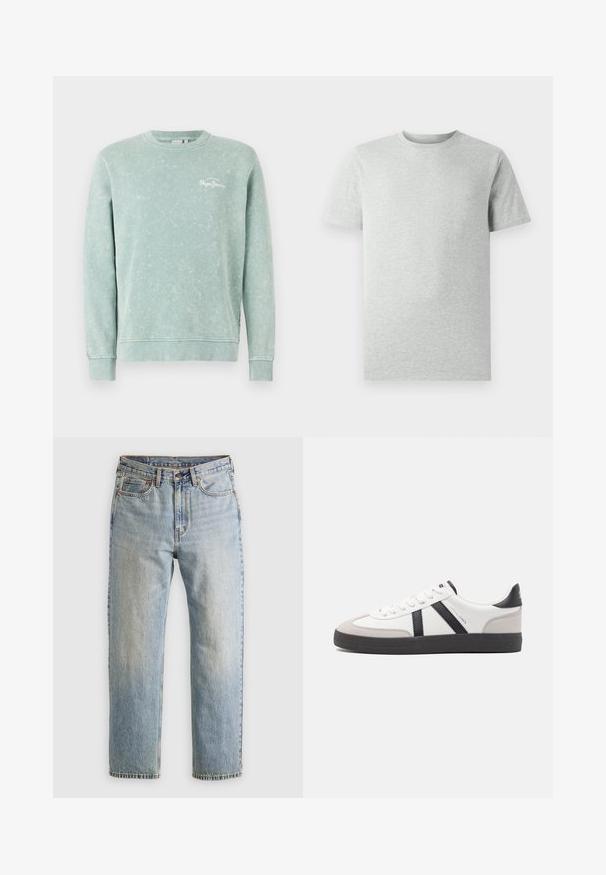 Gaiši zaļš džemperis, kas izgatavots no mīksta auduma, ar apaļu kaklu, garām piedurknēm, ribotām plānēm un mazu baltu logotipu uz krūtīm.; Gai pelēks īsām piedurknēm T-kreklis ar apaļu kakla izgriezumu, attēlots uz baltas fona, priekšskats bez redzamām logo vai dizainiem.; Gai zila denima bikses ar augstu jostasvietu, priekšējo pogu, rāvējslēdzēju un piecu kabatu dizainu, izlīdzinātas uz neitrāla fona.; Baltas sneakeris ar melniem un pelēkiem akcentiem, kuram ir teksturēts pelēks purngals, melna gumijas zole un plakanas baltas šņores. Tīrs dizains, minimālisma stils.