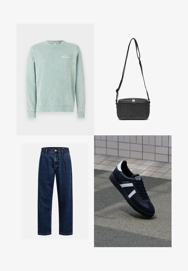 Světle zelený sweatshirt vyrobený z měkké tkaniny, s kulatým výstřihem, dlouhými rukávy, žebrovanými manžetami a malým bílým logem na hrudi.; Tmavě modré džíny s rovnými nohavicemi. Mají viditelné švy, zapínání na knoflík a přední záhyby pro zvýraznění detailu.; Černé kožené tenisky s bílými pruhy, texturovanou gumovou podrážkou a šněrováním vpředu. Obsahují značenou etiketu na jazyku.; Černá kožená taška přes rameno s uzávěrem na zip, vyraženým logem na přední straně a nastavitelným popruhem. Hladký povrch s obdélníkovým tvarem.