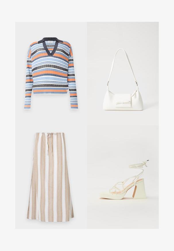 Pullover às riscas com decote em V e colarinho. As cores incluem azul, laranja, preto e branco. Tecido ribete texturizado. Design cropped.; Saia riscada em branco e castanho claro, com uma cintura ajustável por cordão e um design longo e fluido. Feita de um tecido leve com um corte descontraído.; Sandálias brancas de salto alto com um salto robusto, apresentando um design com tiras e amarração no tornozelo. Textura suave com uma plataforma na frente para altura adicional.; Mala sintética branca com formato triangular, aba frontal plana e detalhe de laço, alça ajustável, textura suave e design minimalista.
