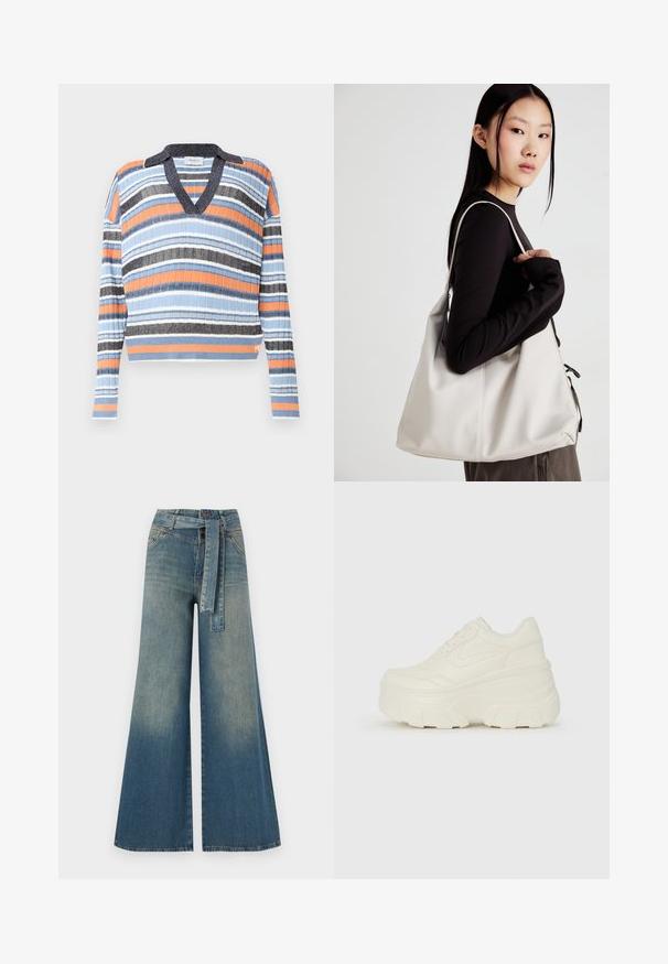 Prušasti pulover z V-izrezom in ovratnikom. Barve vključujejo modro, oranžno, črno in belo. Teksturirana rebrovana tkanina. Skrajšana zasnova.; Široke jeans hlače z gradientom od svetlo do temno modre, visokim pasom, zankami za pas in pasom iz istega materiala. Tekstura denim končnica.; Bele platformske tene z belim zgornjim delom, ki spominja na usnje, okroglo obliko, oblazinjen ovratnik ter gumo z teksturo na podplatu z izrazitimi profili.; Bežna torbica iz mehkega materiala, z ohlapno zasnovo, šivi in dvema naramnicama. Primerna za vsakodnevno uporabo.