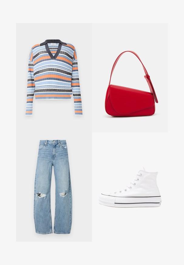 Pullover às riscas com decote em V e colarinho. As cores incluem azul, laranja, preto e branco. Tecido ribete texturizado. Design cropped.; Jeans de lavagem clara, de cintura alta, feitos de denim. Apresentam pernas largas, duas áreas rasgadas nos joelhos e o estilo clássico de cinco bolsos.; Sapatilha alta de tela branca com sola de borracha preta, bico de borracha na frente e seis ilhós para os atacadores, apresentando um design limpo e minimalista.; Bolsa de mão em couro vermelho com um design angular e geométrico. Apresenta uma única alça ajustável e um fecho com aba, com detalhes cosidos.