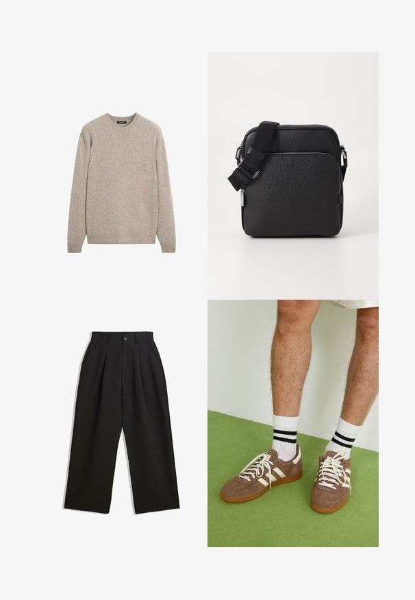 Maglione beige lavorato a maglia con scollatura arrotondata, maniche lunghe, polsini e orlo a costine, caratterizzato da una sottile trama e un materiale leggero.; Pantaloni neri con una vestibilità comoda, caratterizzati da pieghe frontali, tasche laterali e chiusura con bottone. Realizzati in tessuto testurizzato.; Sneaker in suede marrone con dettagli e lacci bianchi. Suola in gomma color gomma. Indossati con calzini bianchi con righe nere. Pavimento verde texturizzato.; Borsa a tracolla nera in pelle con superficie texturizzata, dotata di una tasca frontale con zip, cinturino regolabile e dettagli metallici.