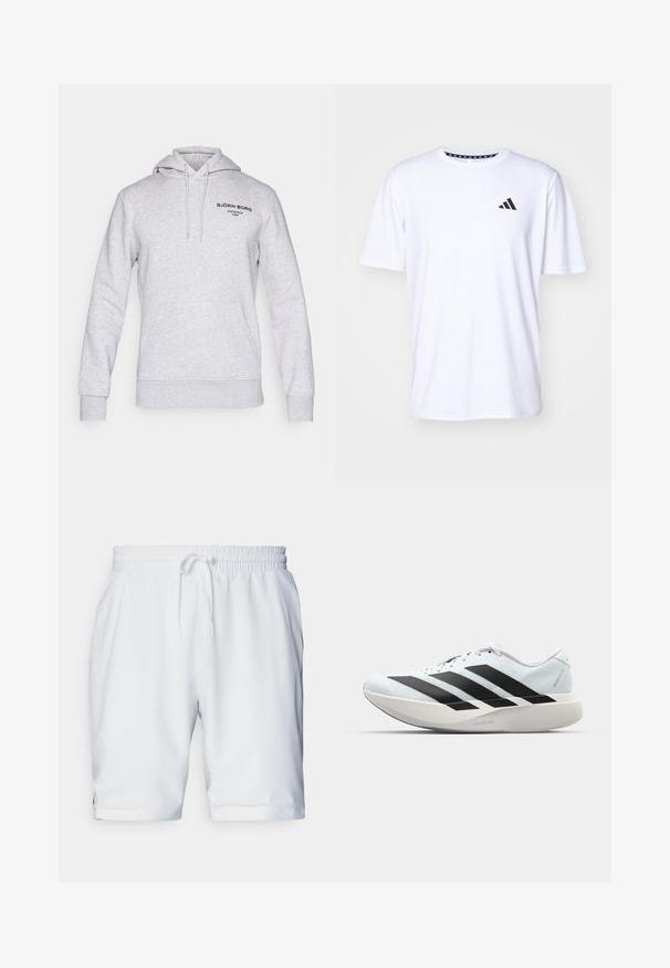 Szara bluza z kapturem wykonana z mieszanki bawełny, posiada kaptur ze sznurkiem, przednią kieszeń oraz czarne nadrukowane logo na klatce piersiowej.; Biała koszulka z krótkim rękawem, wykonana z tkaniny o gładkiej fakturze. Posiada czarne logo adidas na lewej piersi oraz wzorzysty kołnierzyk.; Białe szorty sportowe z elastycznym pasem i regulowanym sznurkiem. Gładki materiał o subtelnej fakturze, z bocznymi kieszeniami.; Lekkie buty do biegania w jasnoniebieskim kolorze z czarnymi pasami. Posiadają gładką cholewkę, okrągły nosek oraz grubą białą podeszwę środkową oznaczoną "LIGHTSTRIKE PRO."
