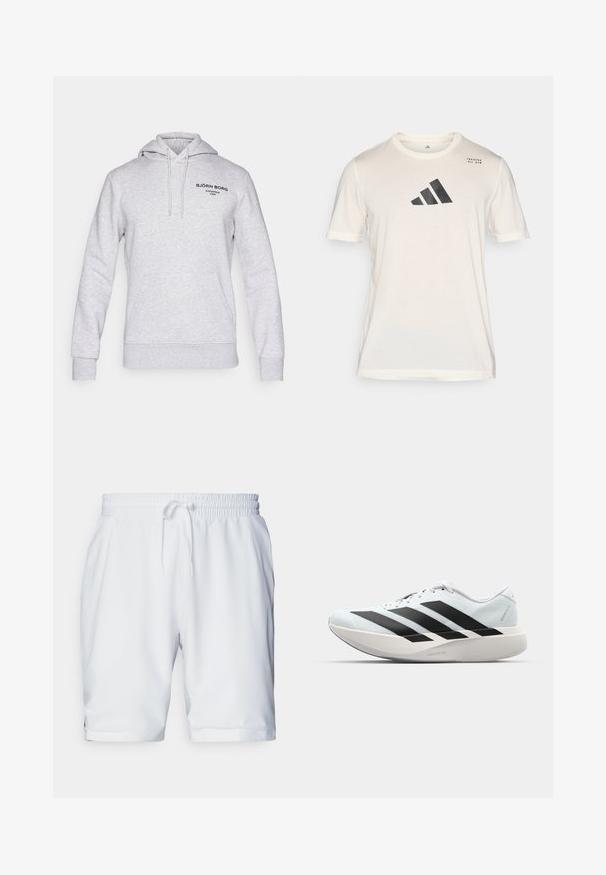 Felpa grigia in misto cotone, con cappuccio regolabile tramite cordino, tasca a marsupio frontale e dettagli del logo stampato in nero sul petto.; adidas Performance T-Shirt sport - chalk white; Shorts atletici bianchi con vita elastica e coulisse regolabile. Tessuto morbido con una texture sottile, dotati di tasche laterali.; Scarpe da corsa leggere di colore azzurro pallido con strisce nere. Presentano una tomaia liscia, punta rotonda e un'ampia intersuola bianca etichettata "LIGHTSTRIKE PRO."