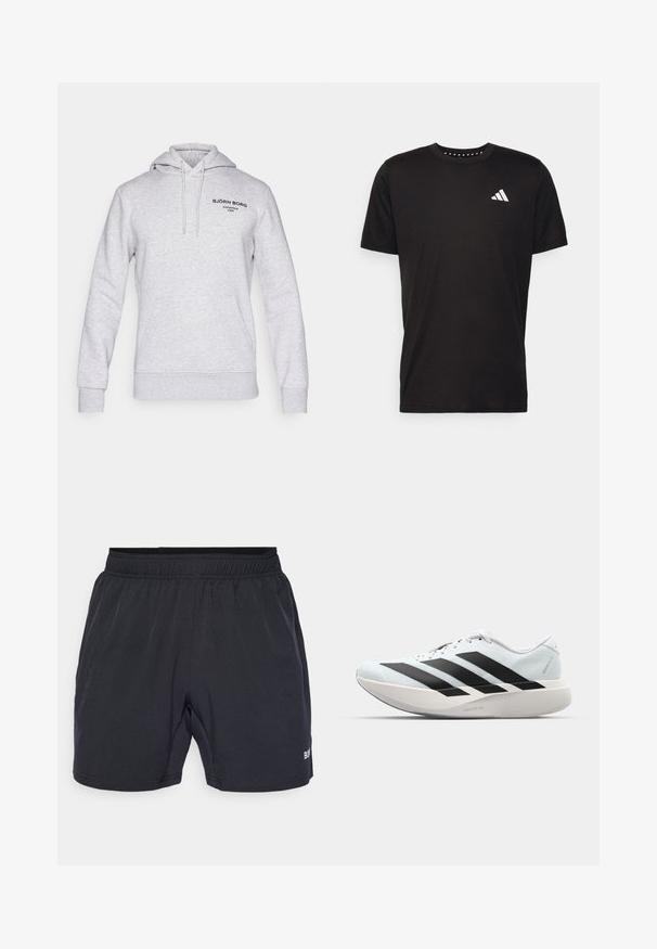 Grå hettegenser laget av bomullsblanding, har snørebåndet hette, frontlomme og svarte trykte logodetaljer på brystet.; Svart bomulls t-skjorte med korte ermer, rund hals og en hvit logo på venstre bryst. Glatt tekstur og enkelt design.; Sorte shorts med elastisk midjebånd, laget av glatt, lett stoff, med en liten logo nederst til høyre.; Lette løpesko i lys blå med svarte striper. Har en myk overdel, rund tå og tykk hvit mellomsole merket "LIGHTSTRIKE PRO."