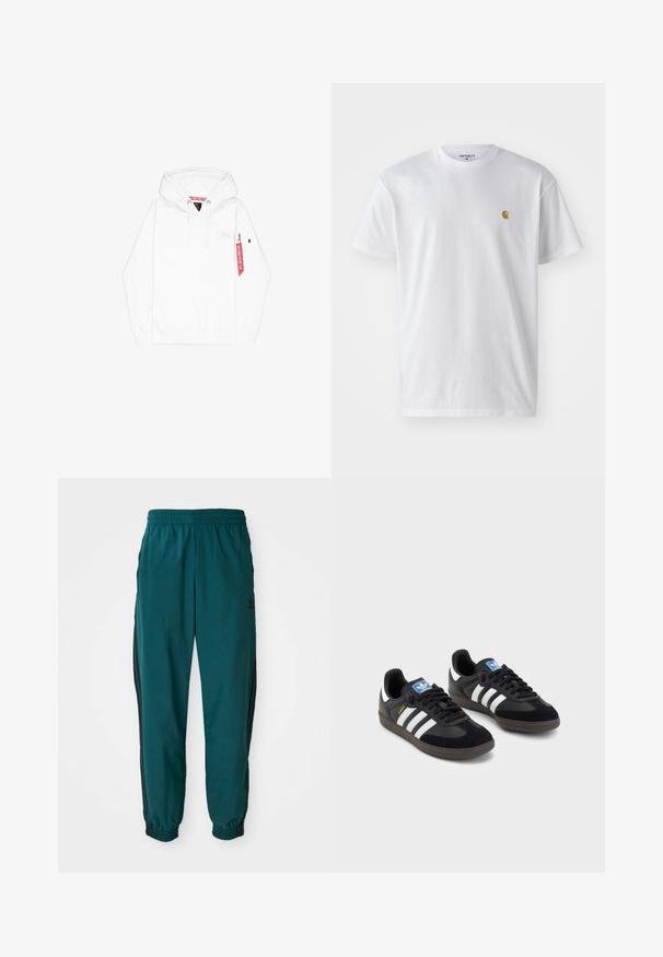 Witte hoodie met een voorzak, een capuchon met trekkoord en een zijzak met rits. Heeft een klein logo op de borst en een rode stoffen label.; Witte katoenen t-shirt met korte mouwen en ronde hals, voorzien van een klein gouden logo op de linkerkant van de borst. Zachte textuur en een normale pasvorm.; Teal sportbroek met een trekkoord in de taille, elastische boorden en zwarte zijstreep. Gemaakt van lichte stof en voorzien van een logo nabij de heup.; Zwarte sneakers met een bovenwerk van suède en synthetisch materiaal, voorzien van drie witte strepen, een gestructureerde rubberen zool en een blauw logo-label op de tong.
