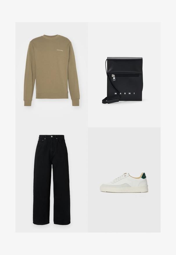 Tiger of Sweden EMERSON - Sweatshirt - october sage; Svarta vida byxor i bomull med hög midja, framfickor, silverfärgad knapp och ren fåll.; Vit sneaker med mockadetaljer, rund tå, platta snören och en krämfärgad gummisula. Har grön branding på hälen.; Svart läder crossbody-väska med en ficka med dragkedja på framsidan, präglad logotyp och justerbar rem. Slät textur med en strukturerad form.