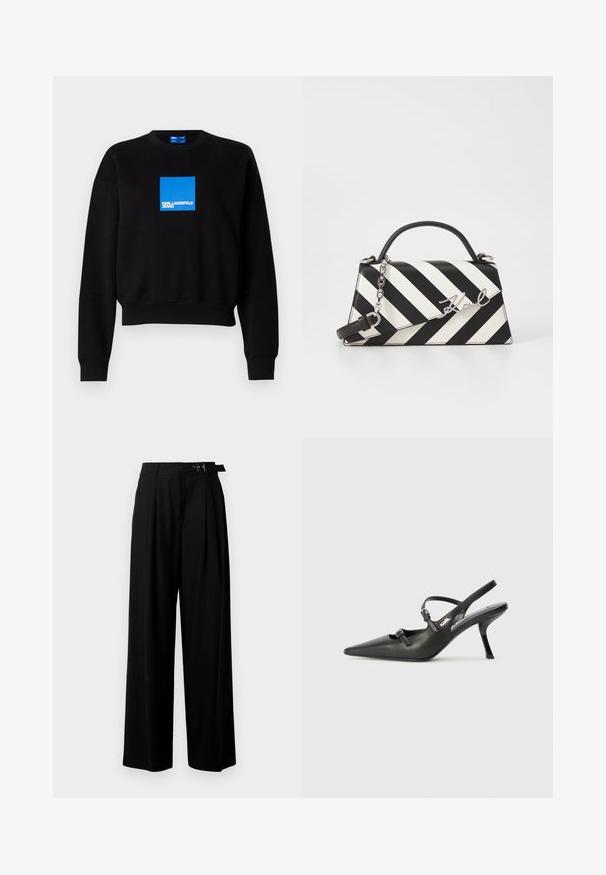 Fekete pulóver, rövidített fazonnal, kék négyzet alakú logóval, amely tartalmazza a "KARL LAGERFELD JEANS" feliratot. Puha pamut keverékből készült.; Fekete, bő szárú nadrág magas derékkal, elöl pliszírozva, és csattal ellátott övvel. Simább, könnyű anyagból készült.; Fekete bőrszíjjal ellátott magassarkú cipő, hegyes orral, karcsú sarkával és díszes csattal a vamp részén. Simás textúra és elegáns dizájn.; Fekete-fehér csíkos kézitáska, strukturált formával, felső fogantyúval, leválasztható lánc pánttal és fémes logóval.