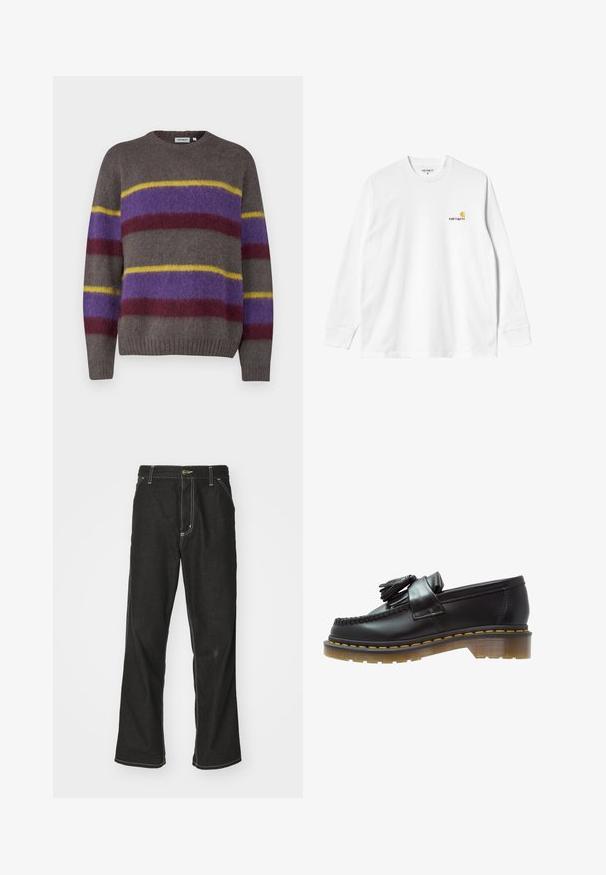 Brown knitted sweater featuring horizontal stripes in purple, maroon, and yellow. It has a round neck and ribbed cuffs and hem.; Long-sleeve white cotton T-shirt with a crew neck, featuring a small yellow and burgundy logo on the left chest. Seamless cuffs and hem.; Black denim jeans with a loose fit, featuring contrasting white stitching, a button closure, and a straight leg design.; Black leather loafers with a textured finish, featuring a decorative tassel and contrasting yellow stitching, on a chunky, transparent sole.