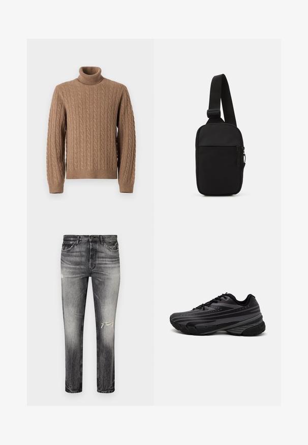 Pulover cu guler înalt din tricot cu model torsadă, de culoare bej deschis, având margini și tiv cu nervuri. Fabricat din fir moale, prezentând modele complicate de torsadă pe întreaga suprafață.; Jeans din denim negru estompat, cu croi drept, având zone deteriorate, buzunare frontale și o închidere clasică cu buton.; Pantof de alergare negru cu un superior texturat, având dungi gri. Talpă groasă pentru amortizare, vârf rotund și șireturi plate pentru o potrivire sigură.; Geantă crossbody neagră, confecționată dintr-un material rezistent, dotată cu o curea ajustabilă, un compartiment principal cu fermoar și o buzunar frontal.