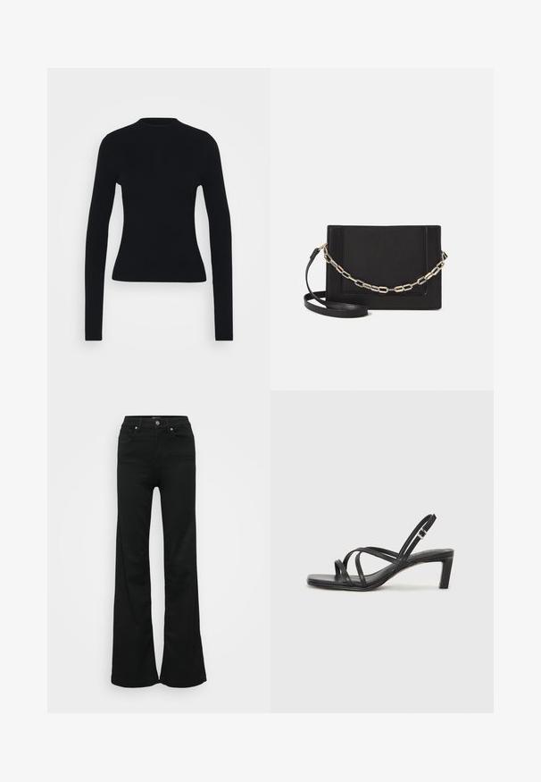 Černý vroubkovaný top s dlouhým rukávem, přiléhavým střihem, vysokým výstřihem a hladkou texturou, se štíhlými rukávy a bez viditelného kovového zapínání.; Černé zvonové džíny vyrobené z denimu, s vysokým pasem, pěti kapsami a kovovým zapínáním. Hladká textura s minimálním zdobením.; Černé sandály na tenkém podpatku se čtveratou špičkou a nízkým blokovým podpatkem. Mají několik tenkých popruhů a nastavitelné zapínání okolo kotníku. Vyrobeny z hladké kůže.; Černá kožená crossbody taška s hladkým povrchem, obdélníkovým tvarem a kovovým řetízkem na přední straně. Součástí je nastavitelný popruh.