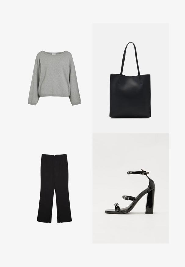 Harmaa neulepaita, jossa on rento mitoitus, leveä kaula-aukko ja pitkät hihat. Ribattu helmassa ja hihoissa. Pehmeä rakenne ja minimalistinen muotoilu.; Mustat housut suoralinjaisella leikkauksella, joissa on etutaskut ja sivurei'ät helman alla. Valmistettu pehmeästä ja sileästä kankaasta. Sopii eri tilaisuuksiin.; Musta kiiltävä korkokenkä sandaalit neliönmuotoisella varpaalla, nilkkaremmillä ja hopeisilla soljilla. Varustettu tukevalla lohkokorkealla vakauden takaamiseksi.; Mustapahkainen kangaskassi, jossa on sileä pinta, suorakaiteen muotoinen ja kaksi pitkää kahvaa. Ei näkyvää metalliosaa tai koristeita.