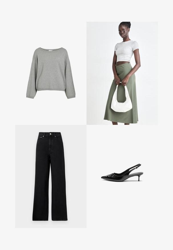 Grå strikket genser med avslappet passform, bred halslinning og lange ermer. Ribbestrikket nederkant og mansjetter. Myk tekstur med minimalistisk design.; Høytlivede svarte denimjeans med bred ben design, som har fem lommer og detaljer i sølvfarge. Jeansen har en jevn tekstur.; Sorte skinnert remsandaler med spiss tå, liten kittenhæl og en dekorativ knute detalj foran. Glatt tekstur gjennom hele.; Grå ribbet topp og olivengrønn høy midje skjørt. Modellen holder en hvit skulderveske med utskjæringsdetaljer. Enkelt design, tettsittende silhuett.