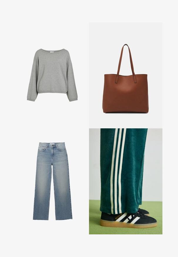 Grijze gebreide trui met een relaxte pasvorm, brede halslijn en lange mouwen. Ribgebreide zoom en manchetten. Zachte textuur met een minimalistisch ontwerp.; Lichtblauwe wijdleg jeans van denim, met een hoge taille, voorzakken en een knoopsluiting. Soepele textuur met vervaagde gebieden.; Groene textuur broek met witte zijkanten, gecombineerd met zwarte Adidas sneakers met drie witte strepen en een rubberen zool.; Bruine leren tote bag met een gladde textuur, een ontwerp met een open bovenkant en twee schouderbanden. Kenmerkt zich door minimale stiksels en geen zichtbare hardware.