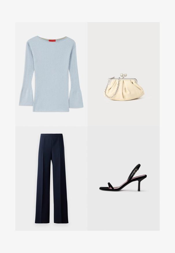 Svetlomodrý pruhovaný pletený top s lodným výstrihom a rozšírenými rukávmi. Obsahuje jemnú textúru a vnútorný žltý akcent na golieri.; Široké nohavice z tmavomodrej látky, s hladkou textúrou, jemnými prednými zosilneniami a priliehavým pásom pre elegantný siluetu.; Čierne semišové dámske sandále na vysokom opätku s tenkými popruhmi a zlatou prackou na bielom pozadí, bočný pohľad.; Zhlý béžový kožený klobúk so strieborným kovovým rámom, ktorý má dve okrúhle dekoratívne zámky a strieborný reťazový popruh.