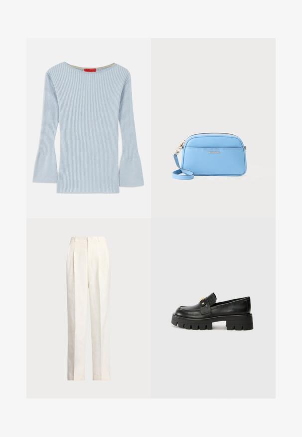 Világoskék, bordázott kötött felső, hajónyakkal és bővülő ujjakkal. Finom textúrával és sárga belső részlettel a gallérnál.; Polo Ralph Lauren HEMP WIDE LEG PANT - Nadrágok - nevis; Fekete bőr loaferek masszív talppal, elöl arany színű díszítéssel és sima felülettel. A talpon vastag mintázat található.; Világoskék bőr keresztpántos táska aranyszínű fémszerelvényekkel, cipzáras záródással és elülső zsebbel. Állítható pánttal rendelkezik a kényelmes viselet érdekében.