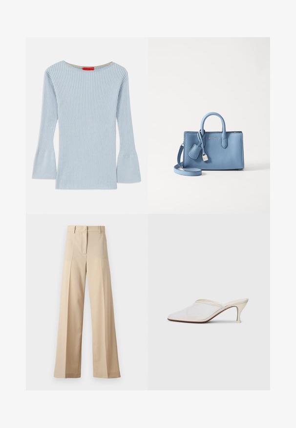 Világoskék, bordázott kötött felső, hajónyakkal és bővülő ujjakkal. Finom textúrával és sárga belső részlettel a gallérnál.; Beige színű, bő szabású nadrág sima anyagból, lapos elejével, redőkkel, cipzáras záródással és övhurkokkal. Összességében testreszabott szabású.; Fehér hálós, hegyes orrú mules cipő, vékony, középmagas sarkával és slip-on kialakításával, egyszerű háttér előtt.; Világoskék bőr kézitáska, dupla fogantyúval, levehető vállpánttal, valamint ezüstszínű zár és címke részletekkel. Simább felület.
